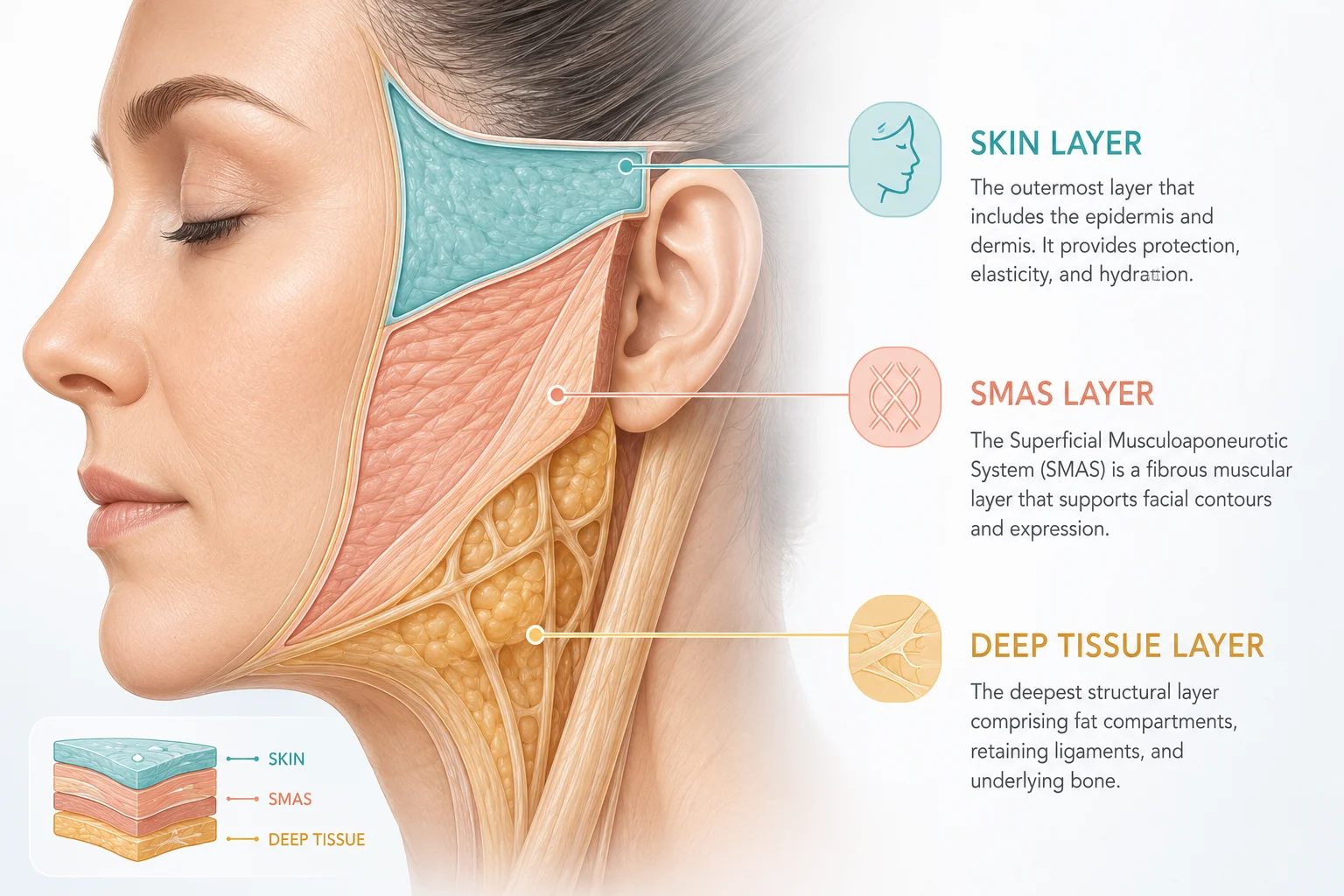 Facial tissue layers skin SMAS and deep plane facelift surgery anatomy diagram