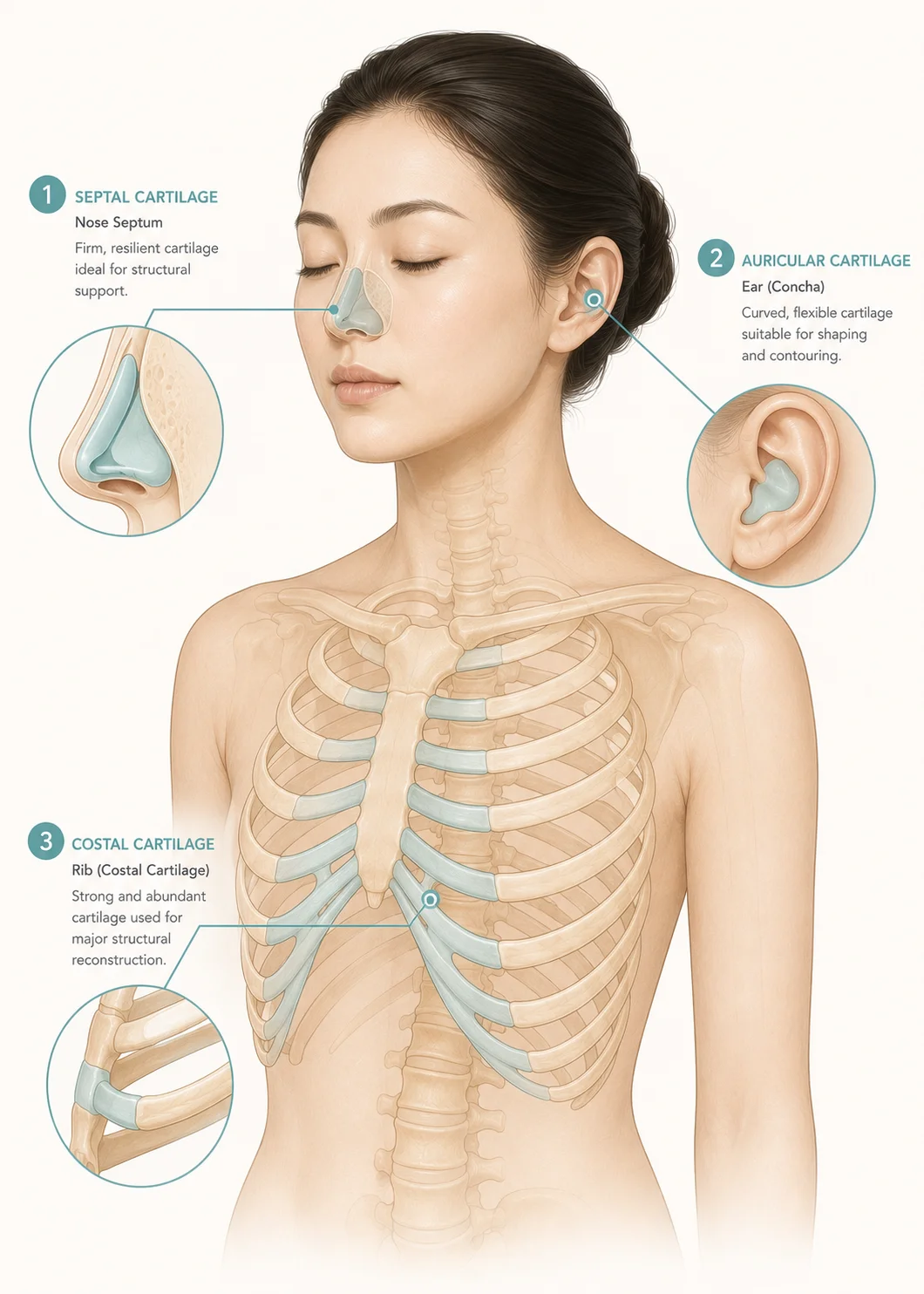 Cartilage donor sites for Asian rhinoplasty septal ear and rib cartilage grafting diagram