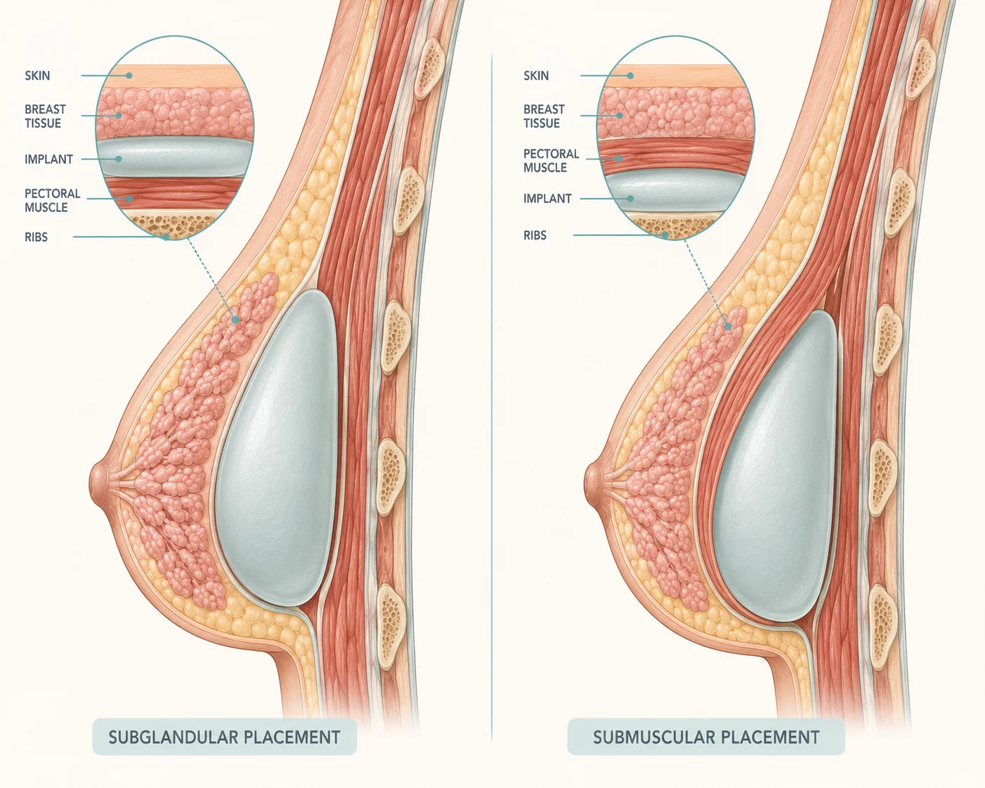 Breast implant placement subglandular vs submuscular position diagram cross section