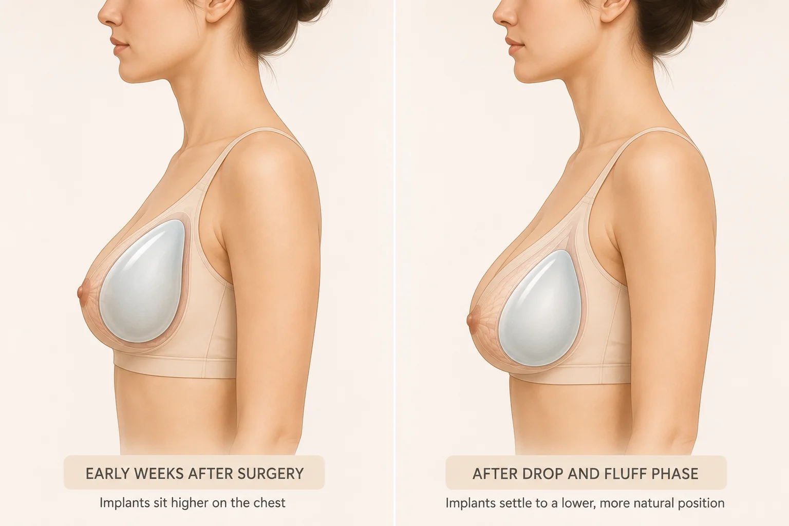 Breast implant drop and fluff phase before and after implant settling months 2 to 3 after surgery