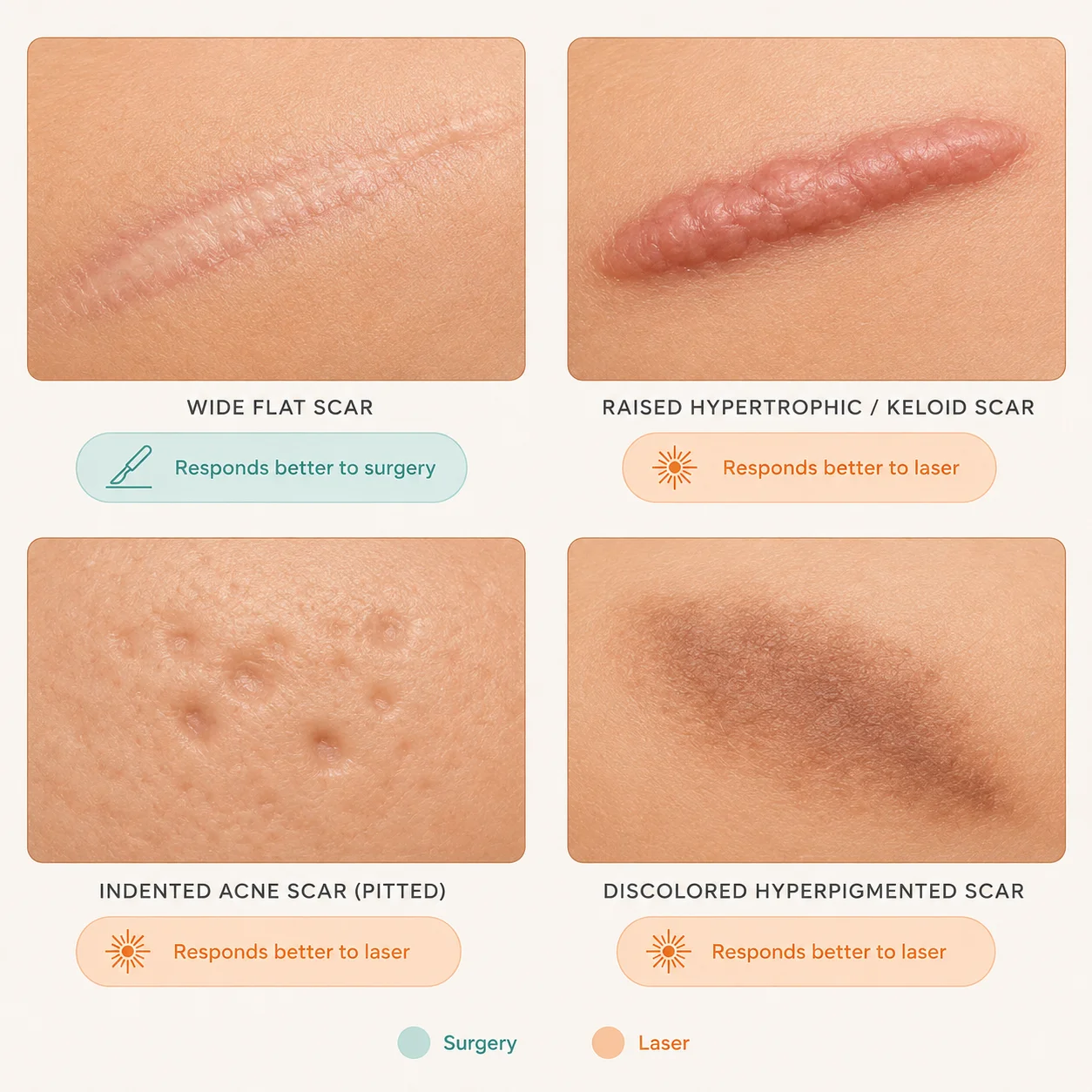 Types of scars keloid hypertrophic indented hyperpigmented which needs surgery or laser treatment