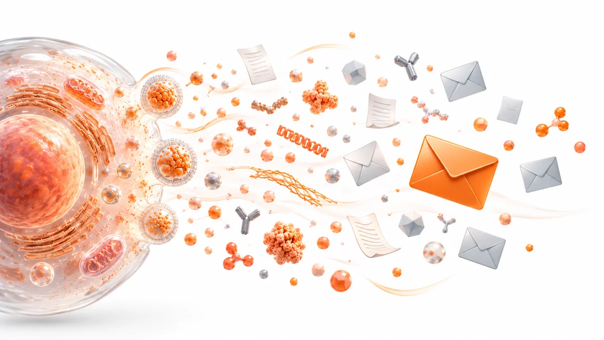 Diagram of the secretome as the full set of messages a cell sends, with exosomes shown as one kind of envelope inside it
