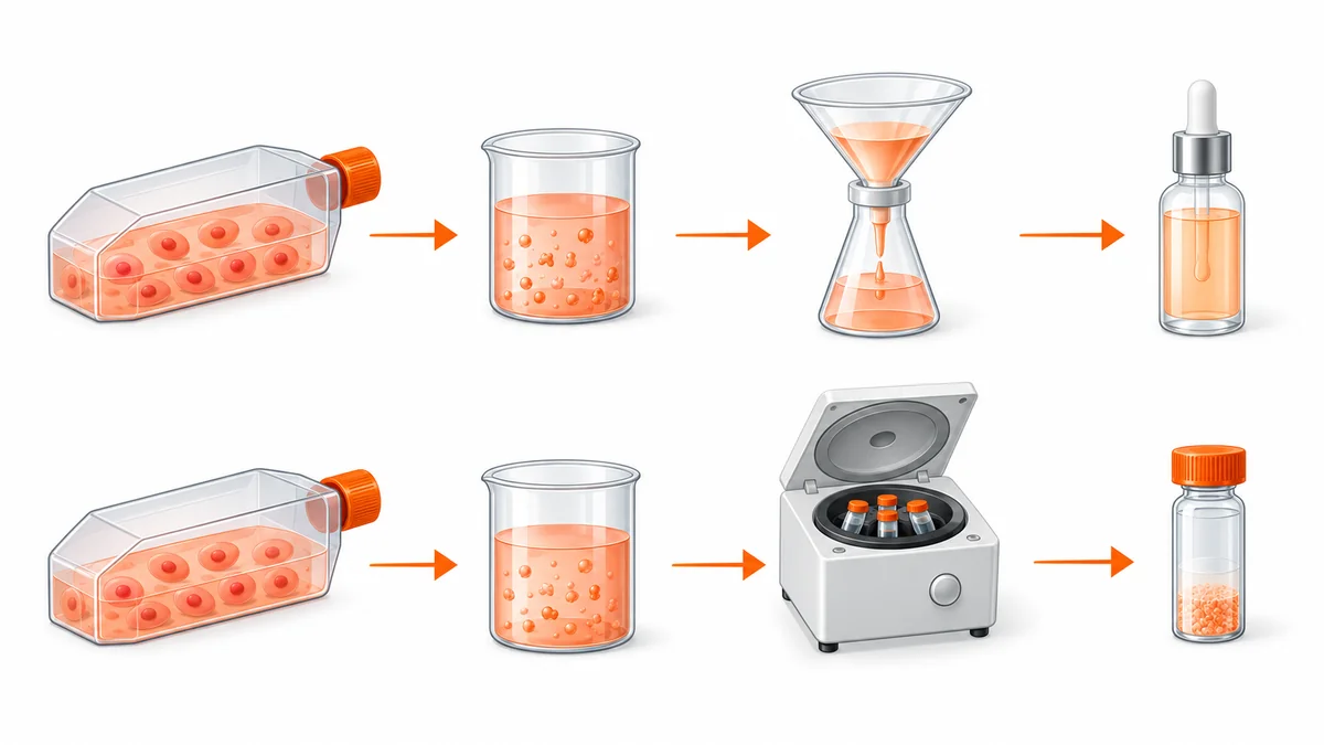 Flow diagram comparing how secretome products and exosome products are made from cultured cells to final preparation